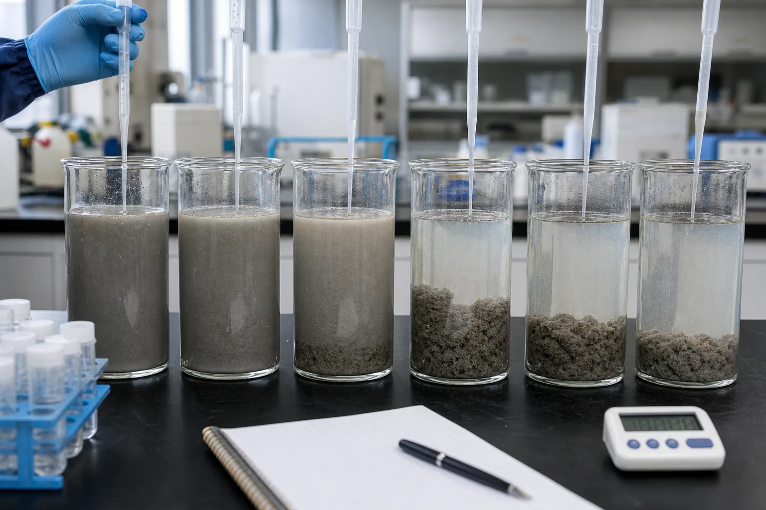 Mineral slurry jar-test series comparing settling and clarified supernatant